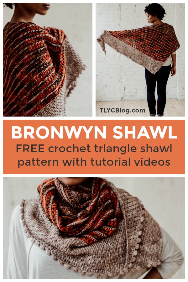 Try the Bronwyn Shawl, a FREE crochet triangle shawl pattern from TLYCBlog.com. Explore the range of crochet techniques and stitches in this asymmetrical triangle wrap. Elevate the experience by using luxurious yarns like merino wool and baby alpaca. Find the FREE crochet pattern on TLYCBlog.com with links to helpful tutorial videos. | TLYCBlog.com