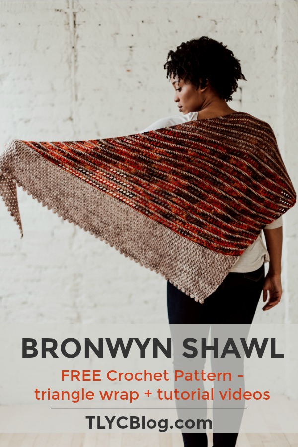 Try the Bronwyn Shawl, a FREE crochet triangle shawl pattern from TLYCBlog.com. Explore the range of crochet techniques and stitches in this asymmetrical triangle wrap. Elevate the experience by using luxurious yarns like merino wool and baby alpaca. Find the FREE crochet pattern on TLYCBlog.com with links to helpful tutorial videos. | TLYCBlog.com