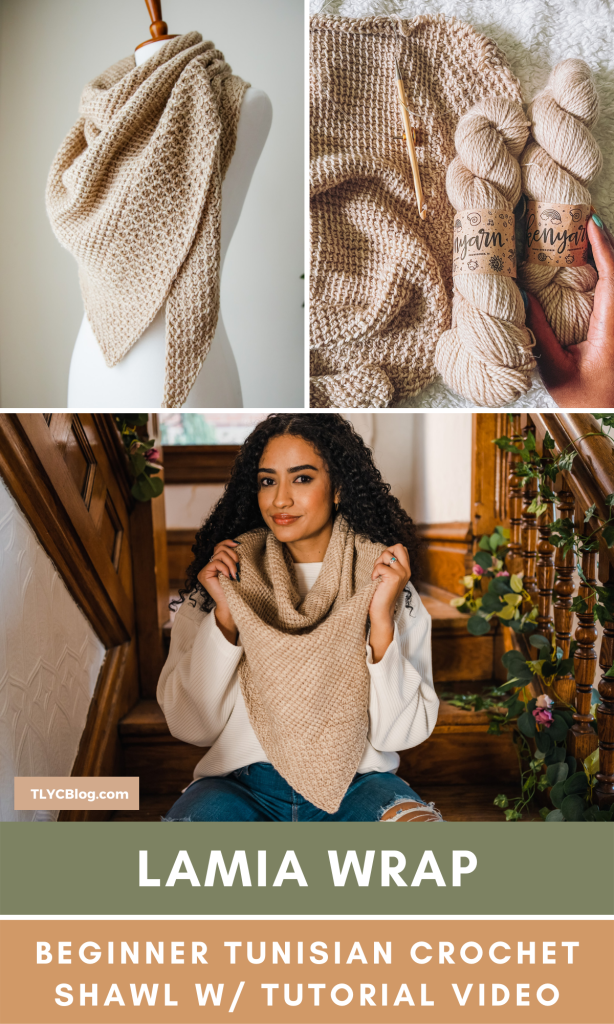 Lamia Wrap | Tunisian crochet triangle shawl for beginners. Free crochet pattern with tutorial video. Learn Tunisian crochet with this easy crochet triangle scarf pattern. | TLYCBlog.com